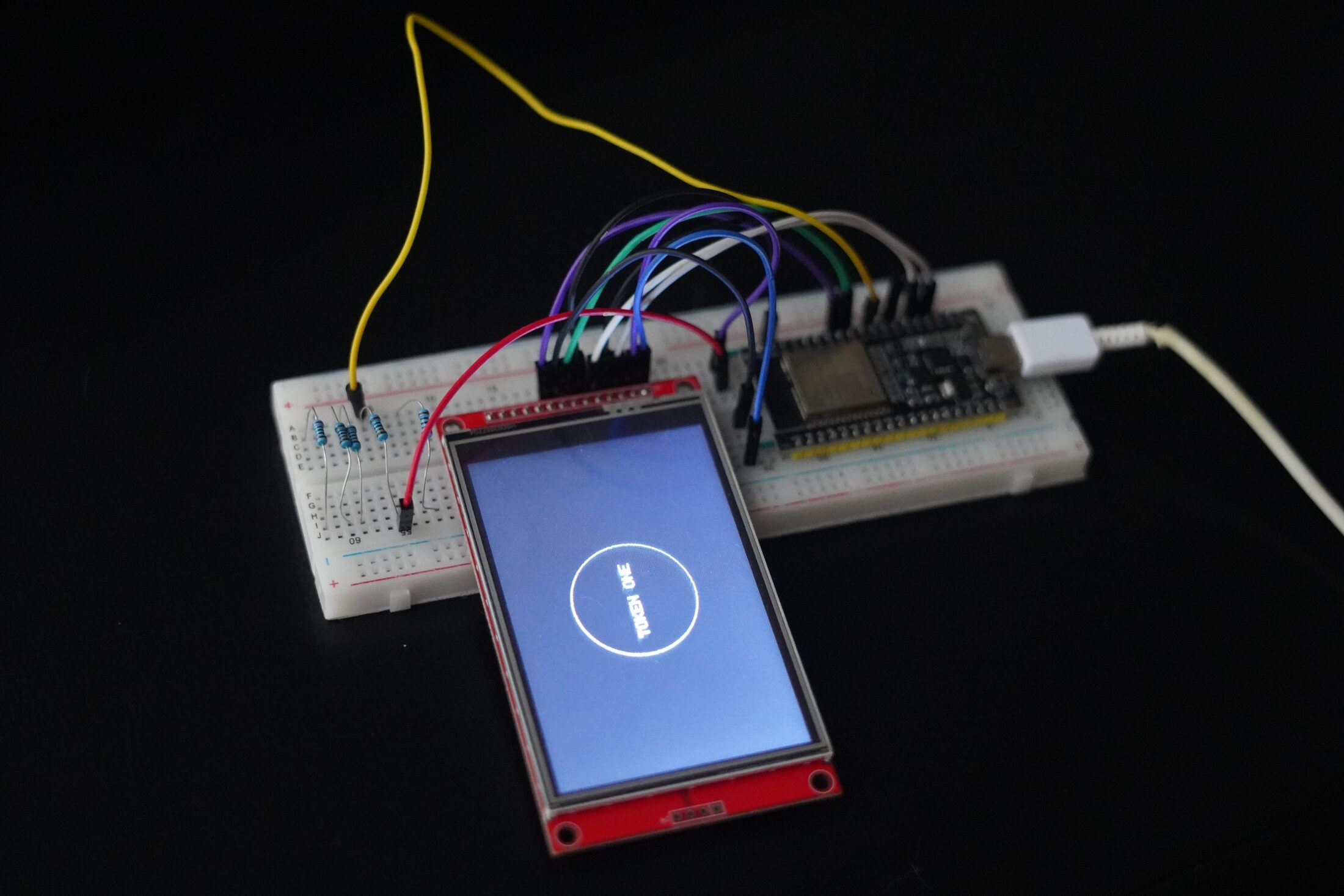ESP32 with TFT display showing Token One label and resistor tokens wired on breadboard
